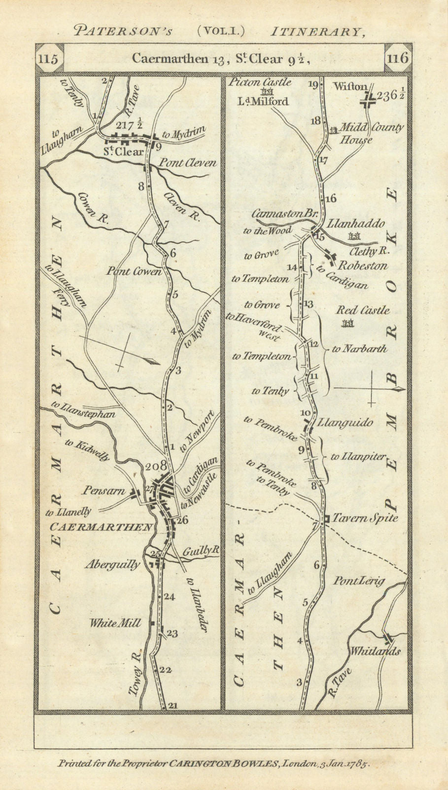 Carmarthen - St. Clears - Narberth - Wiston road strip map PATERSON 1785